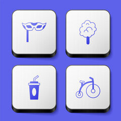 Set Festive mask, Cotton candy, Paper glass with water and Vintage bicycle icon. White square button. Vector