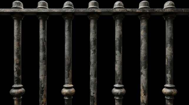 Old prison rusted metal bars cell lock isolated on black background. Jail bars.
