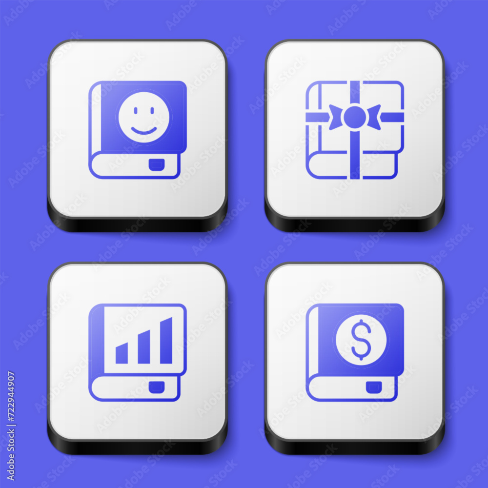 Poster Set Book, as a gift, Financial book and icon. White square button. Vector