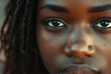 close-up portrait showcasing a person's confident expression, with a focus on facial features and body language