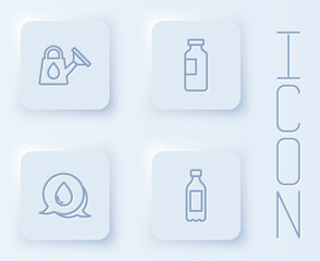 Set line Watering can, Bottle of water, drop with speech bubbles and . White square button. Vector