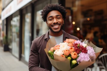 A happy worker african american man holds flowers in his hands on the background of a shop window