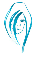 Isolated female face in one-line art style. A stylized portrait of a frightened girl with lush hair falling in strands over one eye. Japanese-style profile by dark blue lines for fashionable design.