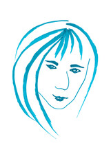 Isolated brutal male face in one-line artistic style. A stylized portrait of a smiling man with lush hair flowing strands. Charming Japanese-style profile by dark blue lines for fashionable design.