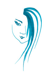 Isolated delicate graceful female face in one-line artistic style. A stylized portrait of a girl with lush hair falling in a wave over one eye. Charming Japanese-style profile for fashionable design.