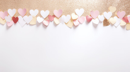 Aesthetic white and gold hearts on light background. Minimalist love concept. Copy space. Generative AI