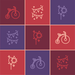 Set line Vintage bicycle, Balloons with ribbon and Carnival garland flags icon. Vector