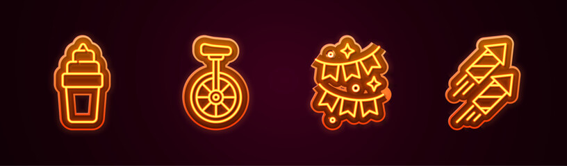 Set line Ice cream in waffle, Unicycle, Carnival garland with flags and Firework rocket. Glowing neon icon. Vector © Iryna