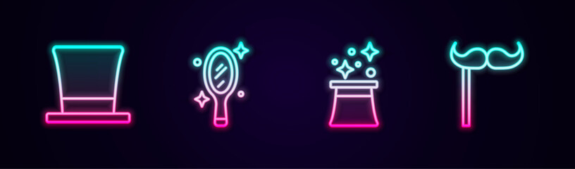 Set line Cylinder hat, Magic hand mirror, Magician and Paper mustache on stick. Glowing neon icon. Vector