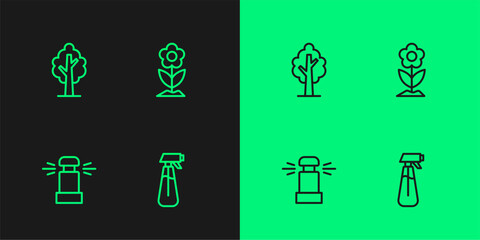 Set line Garden sprayer for water, Automatic irrigation sprinklers, Tree and Flower icon. Vector