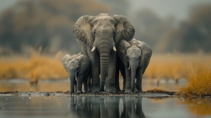 Fototapeta premium Elephant Family, Heartwarming scene of a family of elephants, emphasizing the strong bonds within the animal kingdom. 