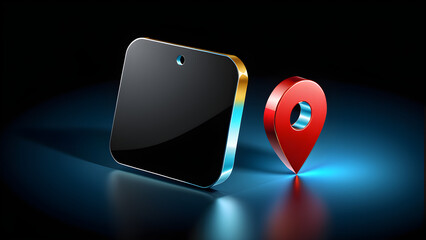 map symbol icon 3d. Locator mark of map and location pin or navigation icon sign. geolocation map path distance. GPS cartography position. Pin. isolated on a black background. With black copy space - obrazy, fototapety, plakaty