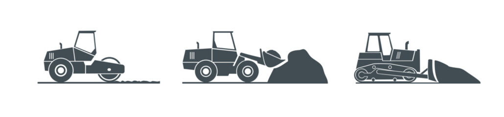 Construction machinery. Special equipment for construction work. Loader,excavator,tractor,bulldozers, asphalt road roller, road grader.Commercial vehicles.Color flat vector illustration. SVG. Isolated - obrazy, fototapety, plakaty