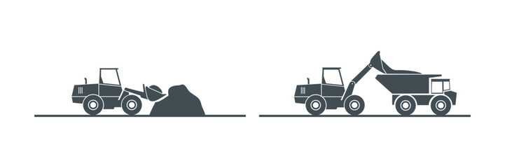 Construction machinery. Special equipment for construction work. Loader,excavator,tractor,bulldozers, asphalt road roller, road grader.Commercial vehicles.Color flat vector illustration. SVG. Isolated