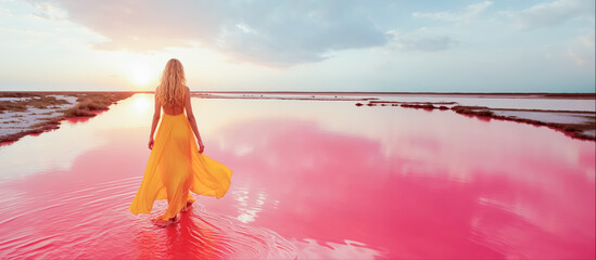 une femme blonde vue de dos marche dans des marais salants de couleur rose - obrazy, fototapety, plakaty