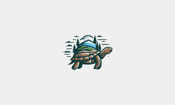 turtle with tree vector logo flat design