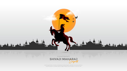 Happy Chhatrapati Shivaji Maharaj Jayanti Banner Design. Shivaji Jayanti great Maratha warrior Celebration Background and Poster with Text and Maratha Flag Vector Illustration
