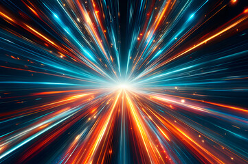 Abstract futuristic background high speed straight orange and blue lines and bokeh glowing neon moving. High speed futuristic travel concept