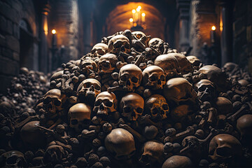 pile of human skulls in underground ancient crypt burial grave. Dead people bone skeleton who died from the war and the epidemic in catacombs