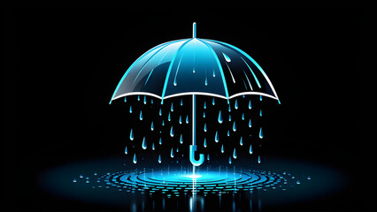 Open rain umbrella 3d rain icon .autumn and rainy weather neon glow element for a seasonal design. raindrops. isolated on a black background. With black copy space