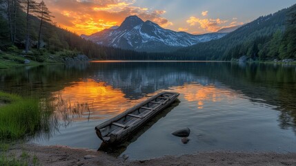 Wooden boat on a calm lake with a beautiful sunset in the background