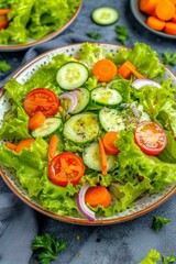 Fresh salad with lettuce, cucumbers, carrots, tomatoes and red onion