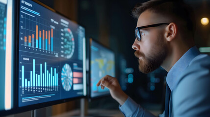 Fototapeta premium portrait of businessman analysis and research financial dashboard on monitor, business and investment growth plan