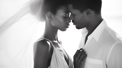  beautiful african american bride and groom embracing on the background of the sea. Black and white photograph, empty beach, clear facial features.