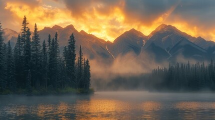 The sun sets over a mountain lake, casting a golden glow on the water and trees