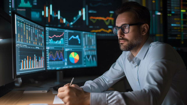 portrait of businessman analysis and research financial dashboard on monitor, business and investment growth plan
