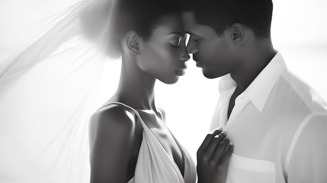  beautiful african american bride and groom embracing on the background of the sea. Black and white photograph, empty beach, clear facial features.