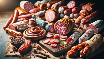 A rich display of various cured meats, including sausages, salamis, and hams, artfully arranged on a wooden table, accompanied by spices and cutlery