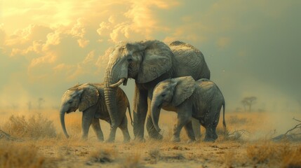 Elephant Family, Heartwarming scene of a family of elephants, emphasizing the strong bonds within the animal kingdom.  - obrazy, fototapety, plakaty