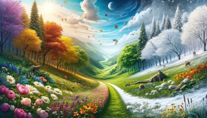 A whimsical landscape where a single winding path divides the four seasons, showcasing blooming spring, lush summer, colorful autumn, and a snowy winter, all in harmony
