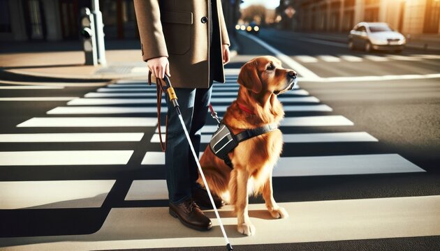 A loyal guide dog wearing a service harness attentively assists a visually impaired person with a white cane at a pedestrian crossing