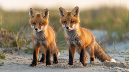 Fototapeta premium Two red foxes standing on the beach