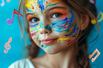 A young girl with colorful face paint smiles.