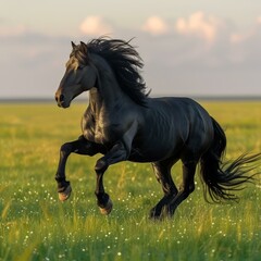 Naklejka na ściany i meble A black horse is running in the green field