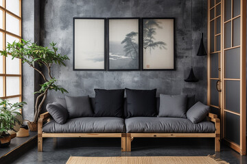 Contemporary Zen Modern Living Room with Sleek Grey Sofa and Lush Greenery
