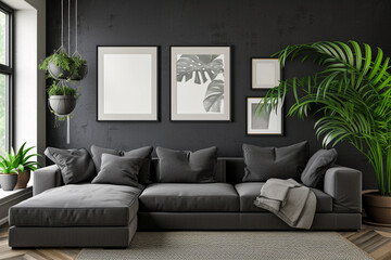 Contemporary Zen Modern Living Room with Sleek Grey Sofa and Lush Greenery