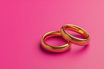 Two golden wedding rings on pink background