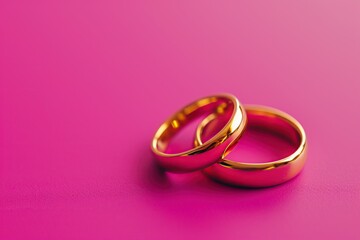 Two golden wedding rings on pink background