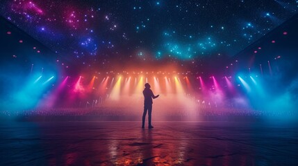The singer is standing on the stage and singing with a starry sky in the background - obrazy, fototapety, plakaty