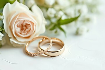Obraz na płótnie Canvas Two golden wedding rings with rose flowers on white background