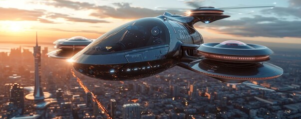 generic futuristic manned roto passenger drone flying in the sky over modern city for future air transportation and robotaxi concept as wide banner with copy space area - Generative AI - obrazy, fototapety, plakaty