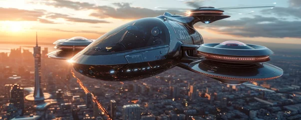 Photo sur Plexiglas TAXI de new york generic futuristic manned roto passenger drone flying in the sky over modern city for future air transportation and robotaxi concept as wide banner with copy space area - Generative AI