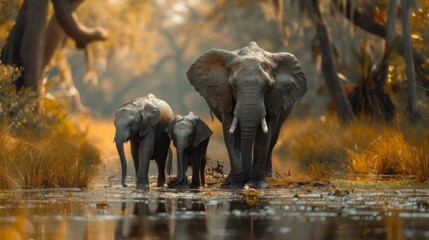 Elephant Family, Heartwarming scene of a family of elephants, emphasizing the strong bonds within the animal kingdom. 
