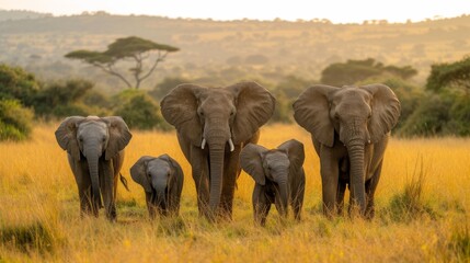 Obraz premium Elephant Family, Heartwarming scene of a family of elephants, emphasizing the strong bonds within the animal kingdom. 