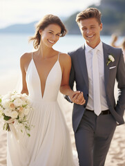 Portrait of a happy Caucasian bride and groom with a bouquet of flowers getting married on the beach. Wedding photography. close portrait of joyful newlyweds walking down the aisle on a beach.