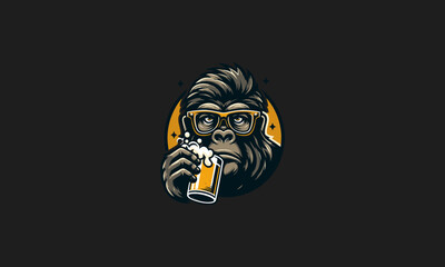 head gorilla wearing sun glass with beer vector logo design